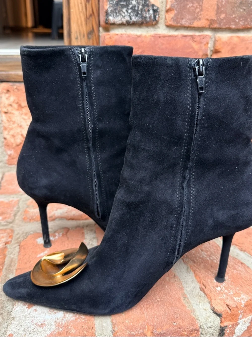 Zara Black Suede Pointed-Toe Ankle Boots with Gold Sculptural Accent